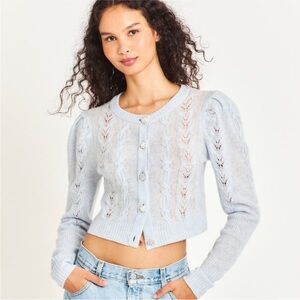 Love Shack Fancy Blue Crystal and Peal Button Cropped Cardigan
